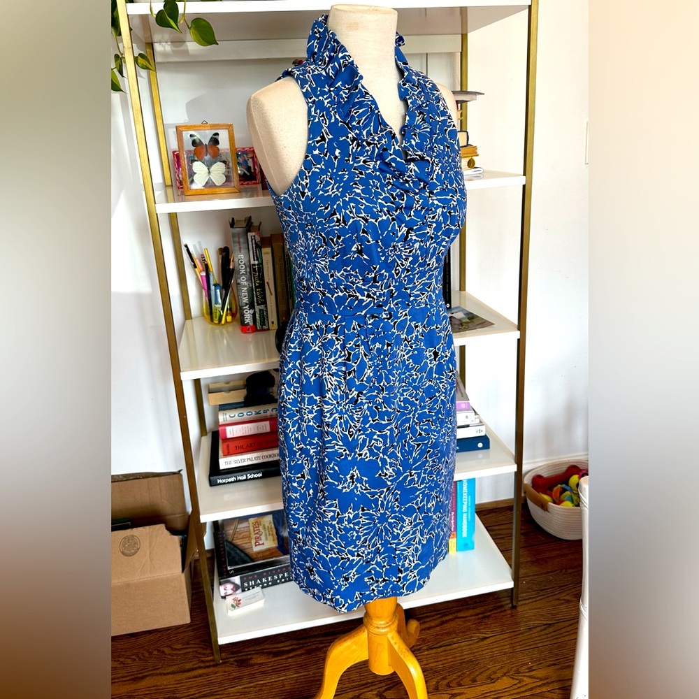 Taylor Black & Blue Floral Ruffle Sleeveless Dress Size 8